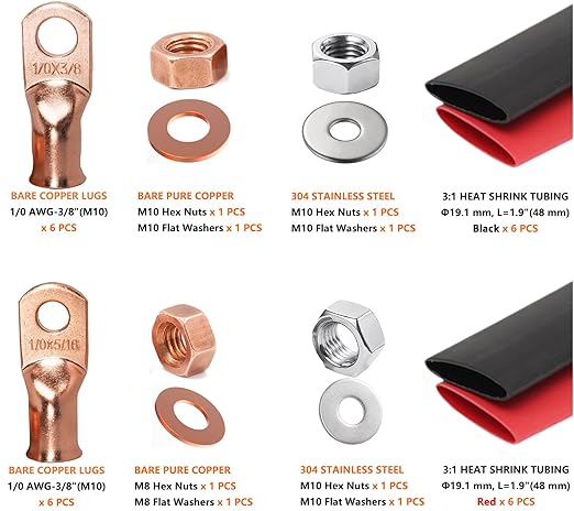 SVAAR 0 Gauge Battery Cable Ends 1/0 AWG 3/8" & 1/0 AWG 5/16" Battery Lugs 1/0AWG Bare Copper Lugs Kit 12 PCS 0 Gauge Wire Lugs Ring Terminals +12PCS 3:1 Heat Shrinks + Hex Nuts and Flat Washers