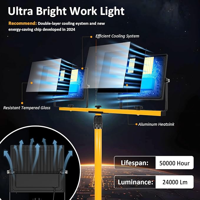 24000 Lumen LED Work Lights with Stand, Floodlight Work Light 2 Adjustable Head Work Light with 16FT IP67 aterproof Tripod Works Light Stand with Individual Switch for Construction Lighting
