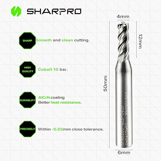 6mm Shank End Mill Bits Set 4mm Cutting Dia. 4 Flutes AlCrN Coated Carbide Square CNC Milling Bits, Apply for Alloy Steel, Stainless Steel, and Various Cast Iron (5PCS)