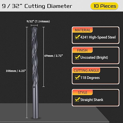 Drill Bit, 9/32" Cutting Diameter, 4241 HSS Nitriding Black 118° Cutting Angle Versatile Jobber Bits - (Applications: for Drilling Plastic Wood Soft Metal), 10-Pieces