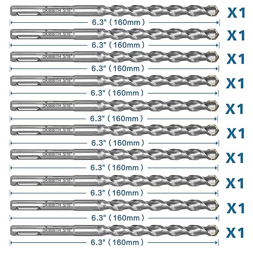 10-Piece 5/16" SDS Plus Drill Bits Rotary Hammer Drill Bit Set, Carbide Tipped for Drilling Concrete Cement Porcelain Tiles Ceramic Pots Stone Brick, Diameter 8mm, 160mm Long, SDS Plus Shank.