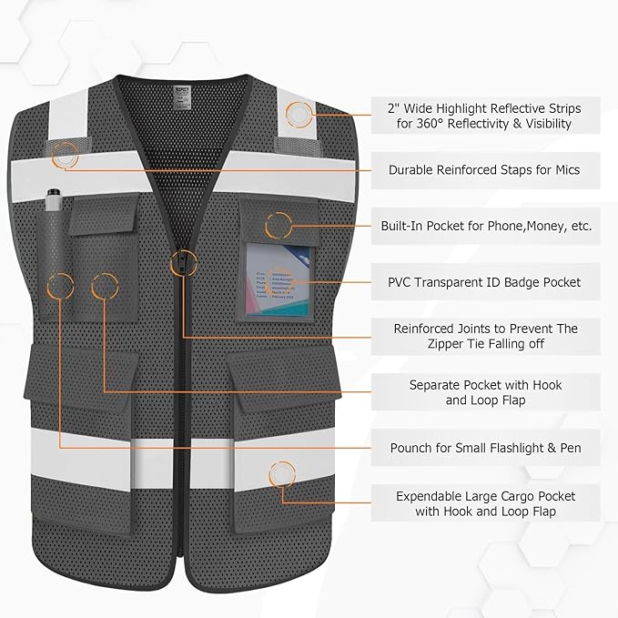 TCCFCCT Mesh Reflective Safety Vest with 5 Pockets High Visibility Vest for Men Women, Work Vest with Horizontal Strip for Walkie-talkie and ID Card, Meets ANSI/ISEA Standards, Grey, 4XL