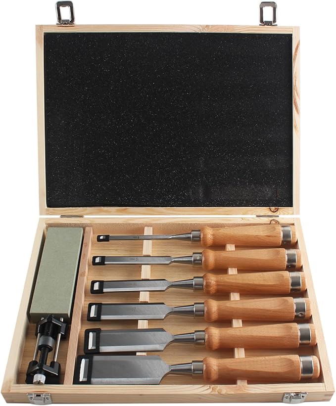 8 Pieces Wood Chisel Tool Sets, 11.4in Woodworking Carving Chisel Kit with Honing Guide, Sharpening Stone and Wooden Case
