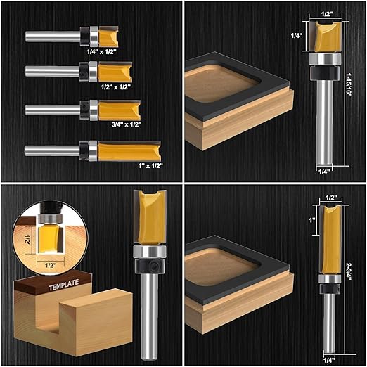 Flush Trim Router Set for Woodworking - Cabinet, Rabbeting, Tongue & Groove(Router Bit-1/4 Inch Shank-4 pcs Straight)