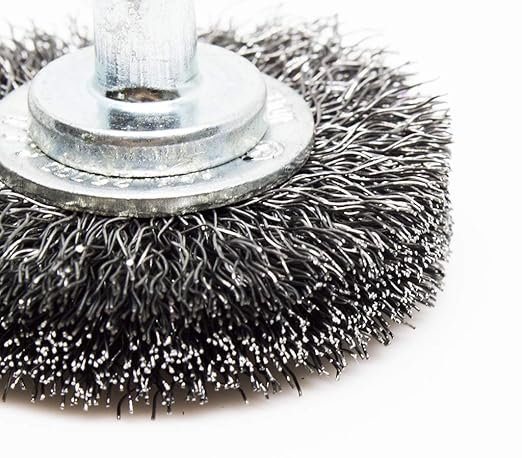 Benchmark Abrasives 1-1/2 Inch Grinder Mounted Crimped Wire Wheel for Drill with 1/4" Shank, Steel Brush for Rust Removal, Cleaning, Deburring on Cast Iron, Steel Rotary Tools (5 Pack) - Carbon Steel