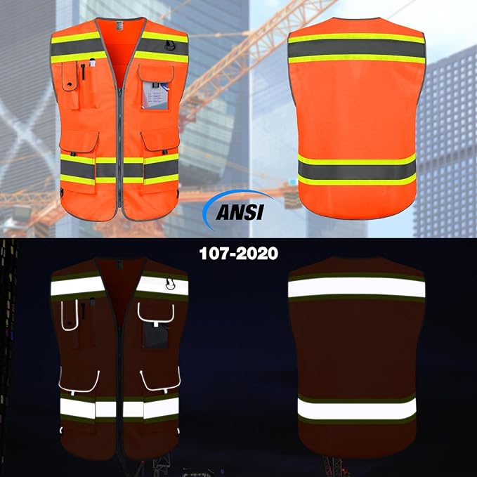 TCCFCCT Orange Safety Vest for Men Women 9 Pockets Mesh High Visibility Reflective Vest for Safety, Work Vest with Reflective Strips, Meets ANSI/ISEA Standards, DB-5X-Large