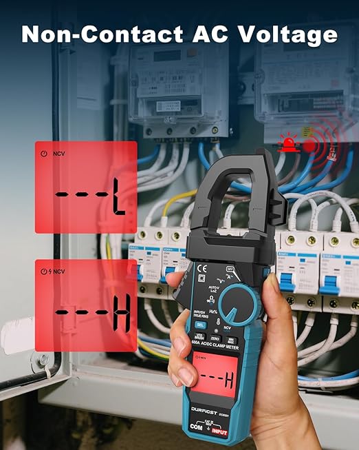 Clamp Meter DURFICST Digital Inrush Clamp Multimeter AC/DC 600A 6000 Counts Amp Voltage Tester with VFD, LOZ Mode，Measures AC/DC Current Voltage NCV Temperature Resistance Capacitance Frequency