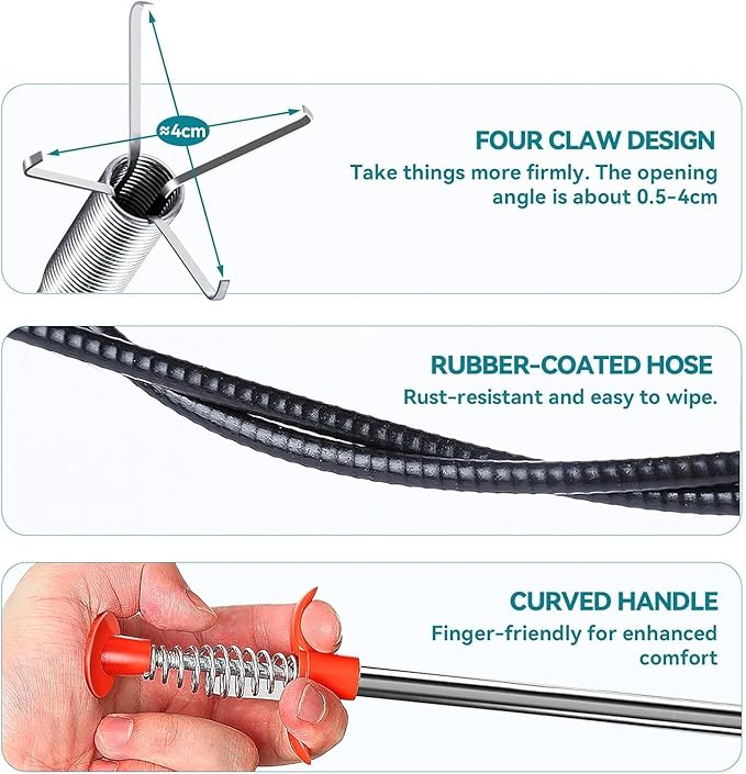 Drain Snake,61 inch Flexible Grabber Claw Pick Up Reacher Tool,Drain Clog Remover - Gutter Cleaning Tools for Home Sink, Bathroom Tub,Drain, Toilet, Tight Spaces