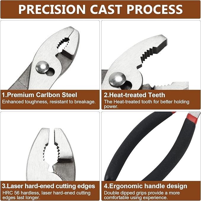4 Pack Precision Basics Pliers Set-8'' Slip Joint, Long Needle Nose Pliers, Lineman, And 7''Diagonal Pliers for DIY, Construction, Machinery, Home Maintenance and Garden Projects