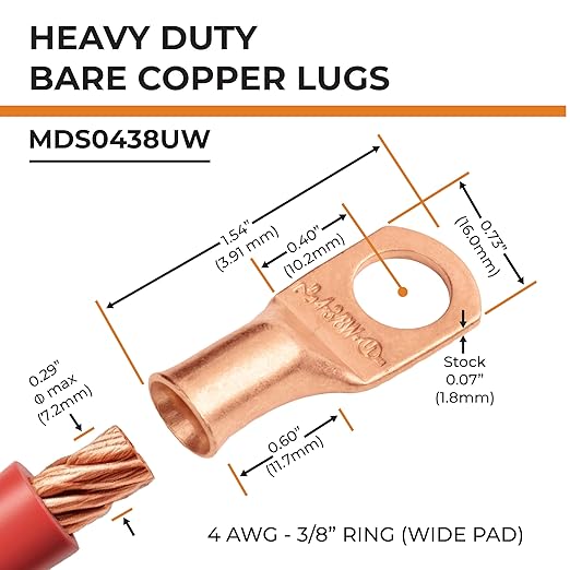 SELTERM 10pcs 4 AWG - 3/8" Stud (Wide Pad) - Battery Lugs, Heavy Duty Wire Lugs, Ring Terminals, Battery Cable Ends,4 Guage Terminals, UL Bare Copper Eyelets Electrical Battery Terminal Connectors