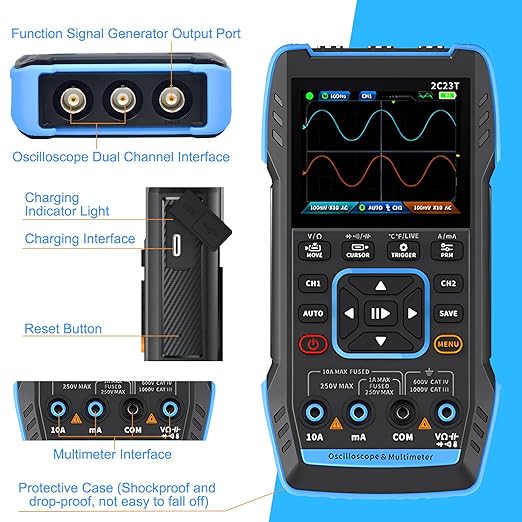 BTMETER 3-in-1 Handheld Oscilloscope Multimeter & DDS Generator, 2 Channel, 10MHz Bandwidth, 50MSa/s, 10000 Counts Digital Oscillograph for Testing Voltage Current Capacitors Resistors Diodes