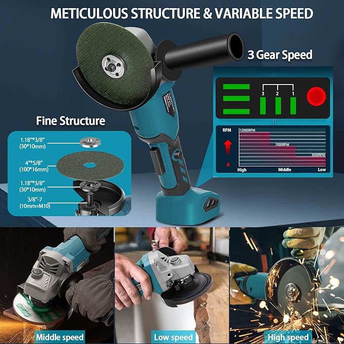 Angle Grinder, 4inch Cordless Angle Grinder, 18V/21V Grinder with 9 Grinding Wheels, 12000RMP Power Grinder Compatible with Makita Battery, Cutting/Deburring Grinder Tool (Battery sold Separately)