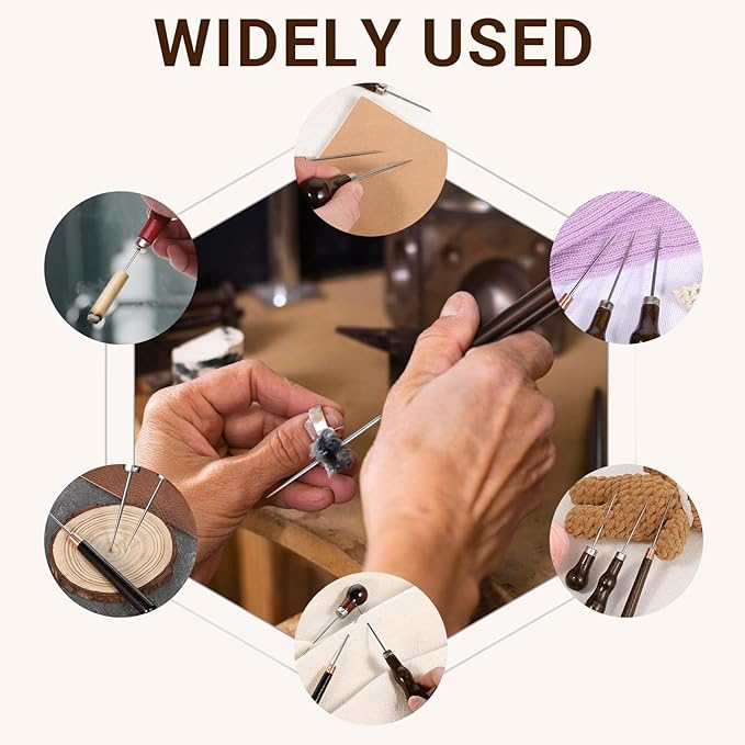 3 Pack Scratch Awl Tool, Wooden Handle Scratch Awl Leather Awl Punch Tool for Leather Punch Hole Craft DIY Handmade Pin Punching Needles