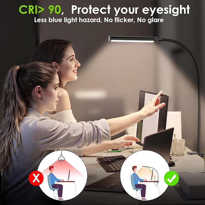 ShineTech LED Desk lamp with Clamp, 4000K Natural White 11 Brightness Level Eye-Caring Clip Lights for Home Office, Flexible Gooseneck USB Adapter, Black