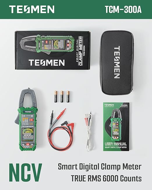 TESMEN TCM-300A Inrush Clamp Meter Multimeter 6000 Counts TRMS, Auto-Ranging Voltmeter Amp Meter with AC Current Capacitance AC/DC Voltage NCV/Live Wire Resistance Diode Temperature Continuity – Green