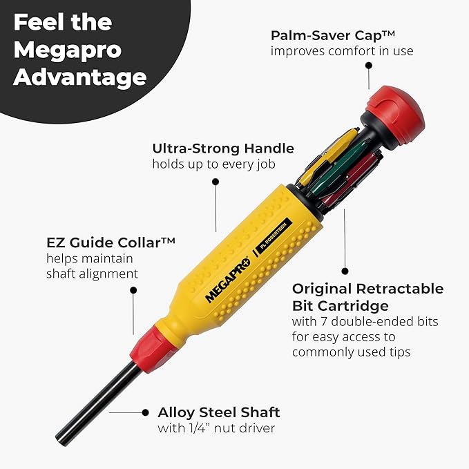 MEGAPRO® 15-in-1 Original Multi-bit Screwdriver | Home DIY & Repair | Construction | Tradeswork | 14 Industrial-grade bit tips | 1/4" Hex Drive in shaft (PL Robertson)