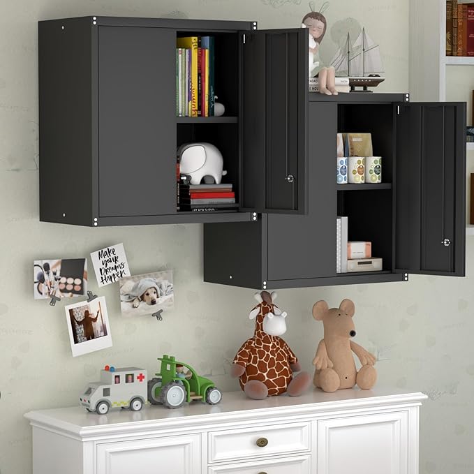 Metal Garage Wall Cabinet, Metal Wall Mounted Storage Cabinets with Lockable Doors and Adjustable Shelves, Floating Tool Cabinet for Garage, Home Office, Kitchen,Black