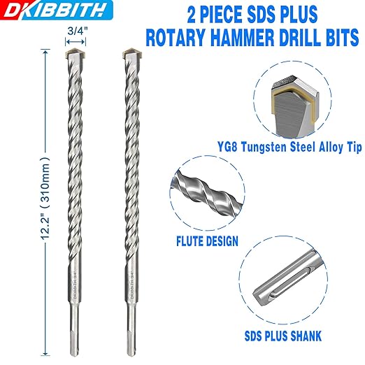 2-Pack SDS Plus Masonry Drill Bits 3/4 Inch x 12 Inch Long Rotary Hammer Drill Bits Carbide Tipped for Concrete Brick Cement Stone Block.