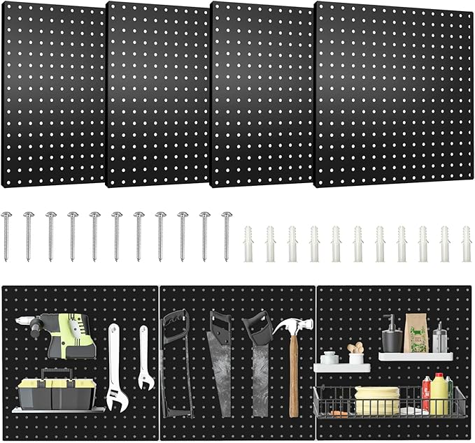Pegboard, 4 PCS 16”×16” Large Heavy Duty Metal Pegboard Panels with Frame Black Peg Board Display Peg Boards for Walls, Display, Garage Tool Storage, Office Organization, Craft Room, Kitchen