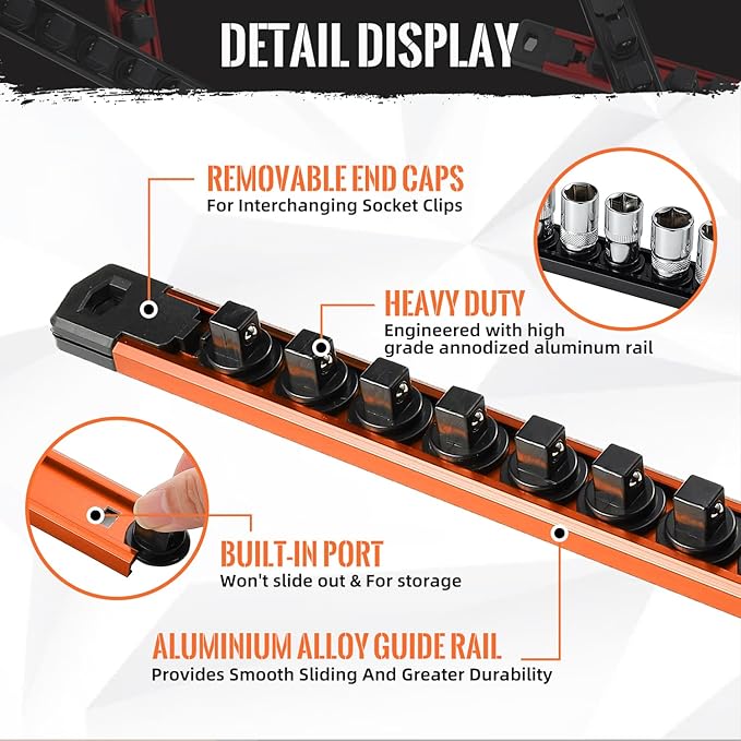 Renietco Magnetic Socket Organizer, 3-Piece Heavty Duty Aluminum Socket Holder, Socket Rail for Tool Box, Premium Quality 360° Swivel Socket Rack Kit with 40 Clips for 1/2, 3/8, 1/4-Inch(Orange)