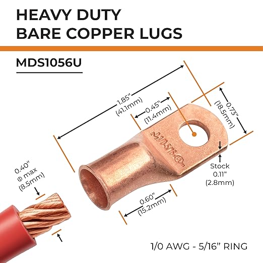 SELTERM 2pcs 1/0 AWG 5/16" Stud Copper Wire Lugs, Battery Lugs, Ring Terminals, Battery Cable Ends, 0 Gauge Ring Terminal Connectors, UL Heavy Duty Bare Copper Eyelets Battery Terminal Connectors
