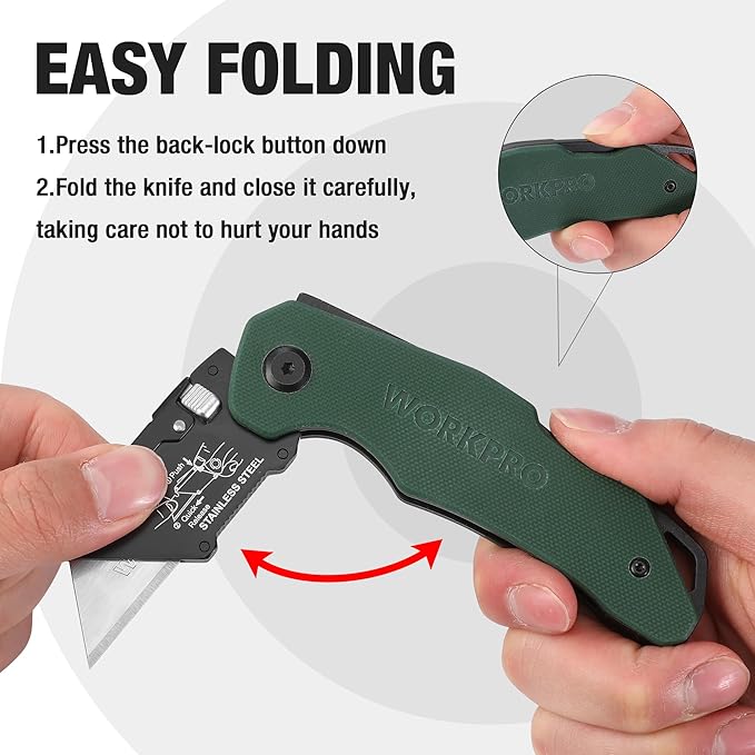 WORKPRO Folding Utility Knife G10 Handle with Stainless Steel Head, Quick-change Blade & Back Lock, Heavy Duty Box Cutter, 1PC Razor Knife with Extra 10PC SK5 Blades