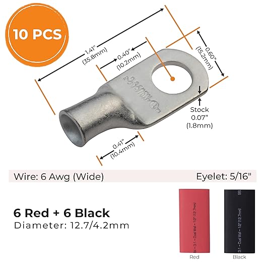 SELTERM 10pcs - 6 Awg 5/16" Stud (Wide) Battery Lugs - Ring Terminal Connectors with 12pcs 3:1 Black & Red Heat Shrink Tubing with Adhesive, Heavy Duty Battery Cable Ends - Tinned Copper Wire Lugs Kit
