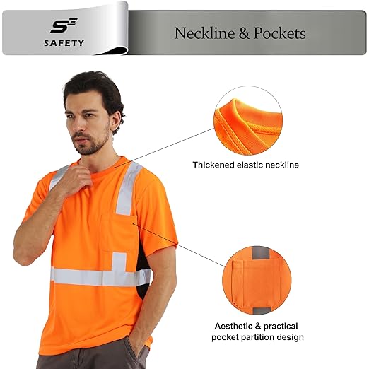 sesafety Safety Reflective Shirts, Class 2 High Visibility Shirts for Men Construction Work Mesh Short Sleeve Orange 3XL