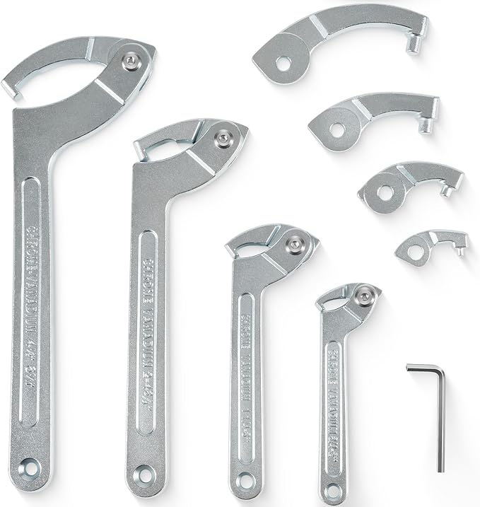 9PCS Adjustable Pin Spanner Wrench Set, 3/4" to 6-7/10", Coilover Hook Wrench Tools with Changeable Heads for Cars Suspension Collar, Nut Adjustment, Flange Bearings C-Shaped Spanner Nut Wrench Tool