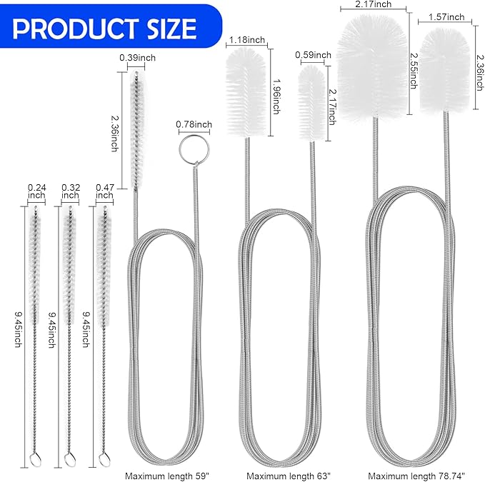6Pcs Flexible Drain Brush 78 Inch Pipe Cleaning Brush 63 Inch drain cleaner brush 59 Inch Hose Brush and 3 Pcs 9 Inch Straw Cleaner Brush for straws Kitchen Sink Plumbing and Shower Drain Tube (White)