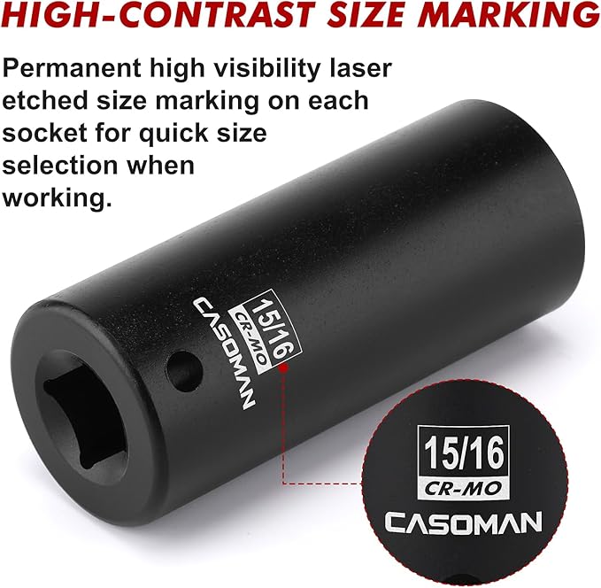 CASOMAN 1/2" Drive x 15/16" Deep Impact Socket, 6-Point, SAE, CR-MO