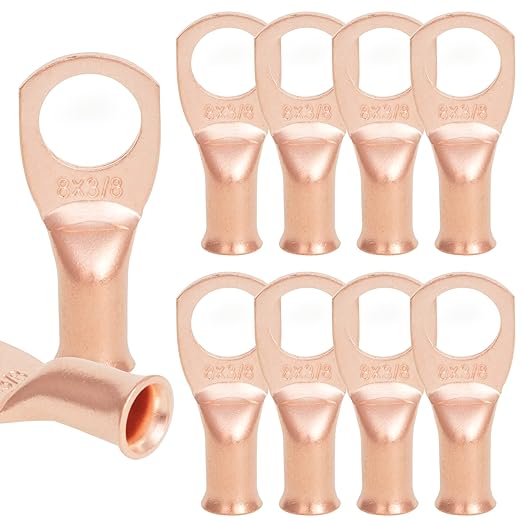 10PCS 8AWG - 3/8''Stud Heavy Duty Copper Terminals,Battery Cable Crimp Lugs,Battery Cable Ends,Bare Copper Eyelets Tubular Ring Terminals,Closed End Crimp Electric Connectors