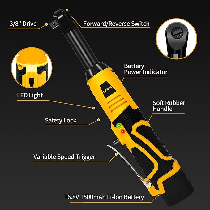 XGOLD 16.8V Cordless Ratchet Wrench 3/8 Set,40FT-LBS (45N.m) Electric Ratchet,Electric Socket Wrench With 2 Batteries,6 Sockets,1/4” Adapter And Fast Charger