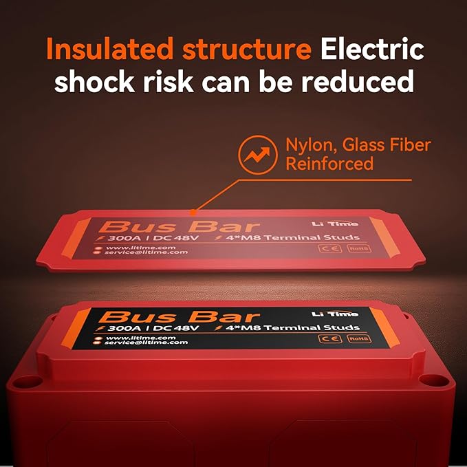Litime 300A Bus Bar 4*M8 Terminal Posts for LiFePO4 Batteries High Voltage and Current Suitable for Automotive, Marine, and Solar Applications and Electrical System (Red+Black)