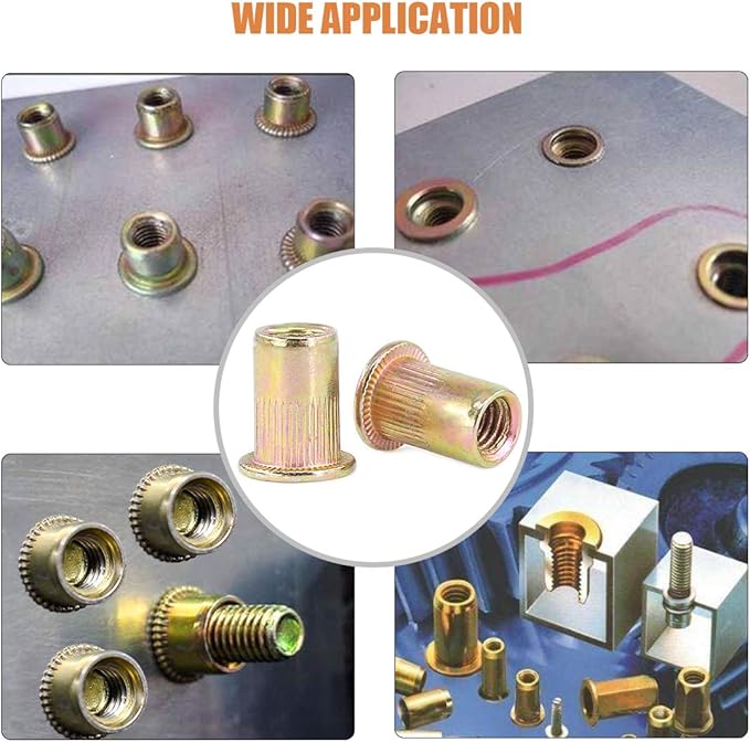 Keadic 100Pcs M8 Rivet Nuts Metric Zinc Plated Rivet Nut Carbon Steel Rivet Nut Flat Head Threaded Insert Kit Threaded Rivet Insert Nutsert Rivnuts Kit for Furniture
