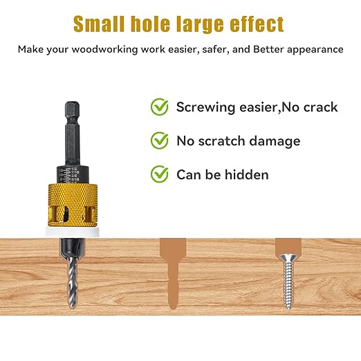 5 Pcs Countersink Drill Bit Set with Low Friction Depth Stop, HSS M2 Bits Tapered Head1/8 9/64" 5/32" Drill+3/8” 82° Counter-Bore,11/64" 3/16" Drill+ 1/2" 82° Counter Bore,1/4” Hex Shank (Yellow)