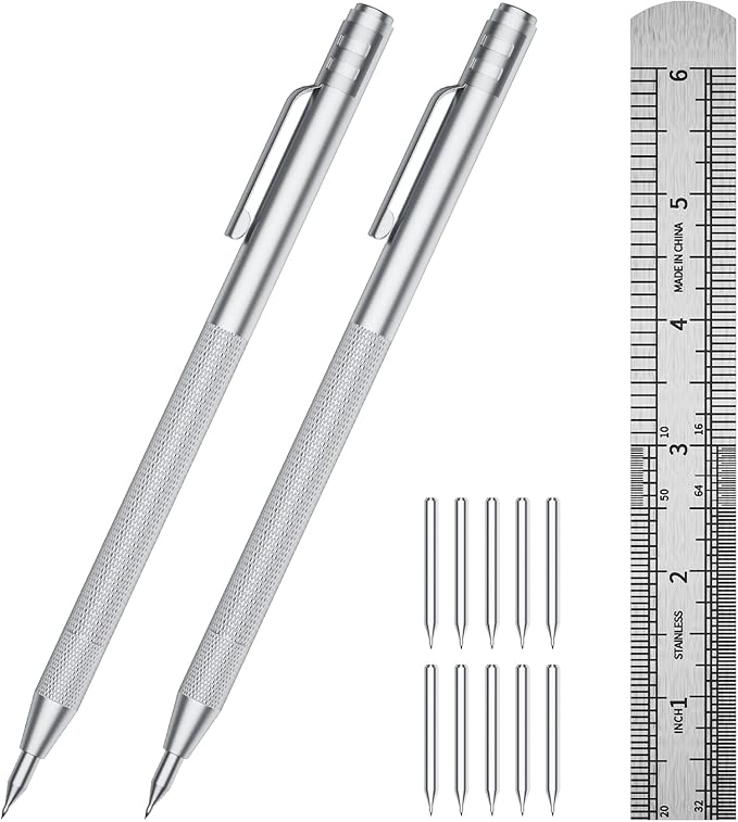 2-Pack Tungsten Carbide Scriber, Metal Scribe Tool with 25 Replacement Marking Tips & Steel Ruler - Knurled Aluminum Handle & Magnet, Engraving Pen for Glass/Ceramics/Metal Sheet (2)