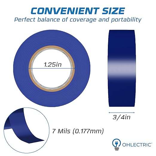 OHLECTRIC Professional Grade Vinyl Electrical Tape (1 Pack) Blue - 7 Mil Thick Flame-Retardant, Heat & Weather Resistant 3/4 Inch x 60 Feet | Ideal for Contractors & Electricians