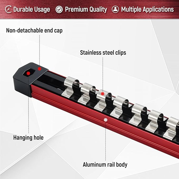 ALOANES 3-Piece Magnetic Socket Organizer, Heavy Duty Aluminum Socket Rails Organizer, Socket Rail Holder for Tool Box, 1/2, 3/8, 1/4-Inch Socket Holder x 39 Stainless Clips (Red)
