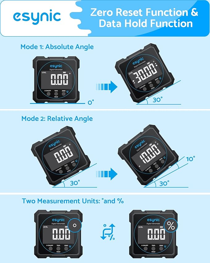 eSynic Portable Digital Angle Finder with Laser Waterpoof 4 Sides Magnetic Digital Inclinometer Level Box Backlight LCD Display Rechargeable Digital Angle Gauge (Laser Level Class II,Output: 0.51mW)