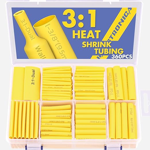 haisstronica 360PCS Heat Shrink Tubing,3:1 Ratio Adhesive Lined Marine Heat Shrink Tube Kit 8 Sizes(3/32"-5/8") Yellow