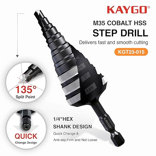 KAYGO M35 Step Drill Bit,3/16 to 1-1/8 inch Unibit Step Bit with Double Sprial Flute,1/4 -inch Hex Shank Drill Bit for Metal,Stainless Steel, Aluminum,Copper,Wood,PVC
