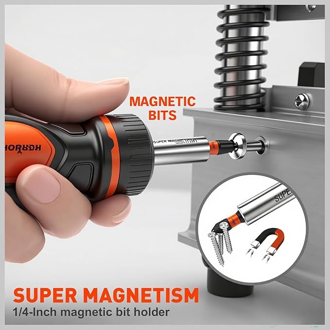 Magnetic Portable Screwdriver Bit Set: 8-in-1 Ratcheting Screw Driver Includes 1/4”Bit Driver Screwdrivers Holder, 7 Screwdriver Bits with Phillips, Slotted, Square, Hex, for Garage & Daily Repair
