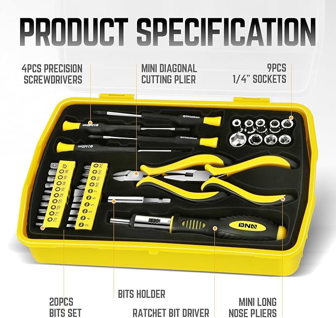 DNA MOTORING 37pcs Handheld Tool & Complete Drill Bits Set, Home Repair Tool Set, Screwdriver, Pliers, Ratchet Bit Driver kit, Maintenance Tools kit, Yellow/Black, TOOLS-00034