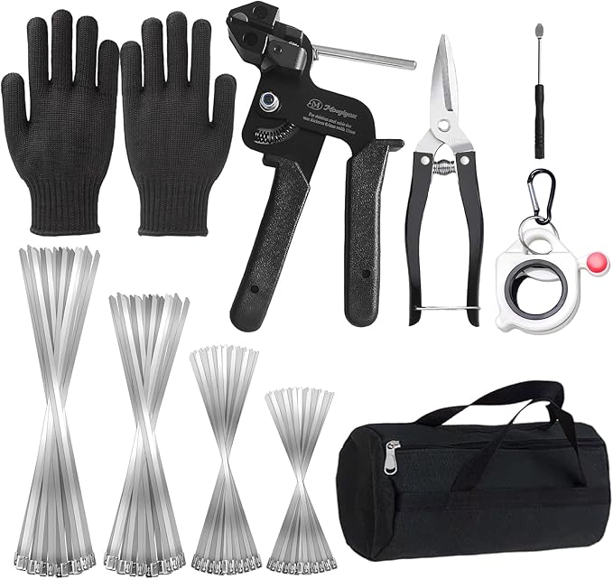 Metal cable tie gun set,contains 200 heavy-duty outdoor stainless steel cable ties,suitable for chain link fence components,wire mesh rolls,exhaust pipe winding,poultry fencing,boat construction,etc
