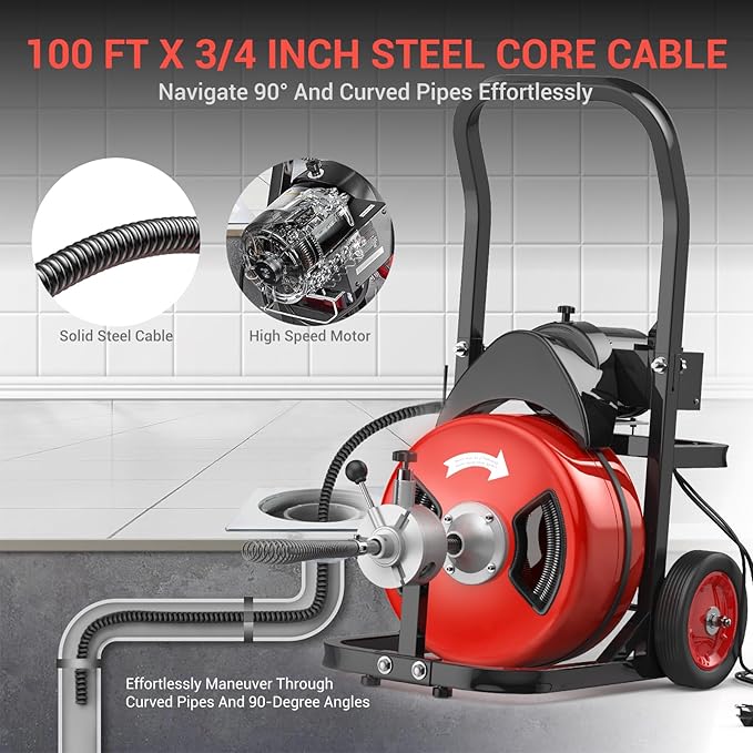 Drain Cleaning Machine 100Ft 3/4 Inch Cable, 750W Auto Feed Portable Electric Sewer Snake, Electric Drain Auger with 6 Cutter Air-Activated Foot Switch for 4" to 8" Pipes