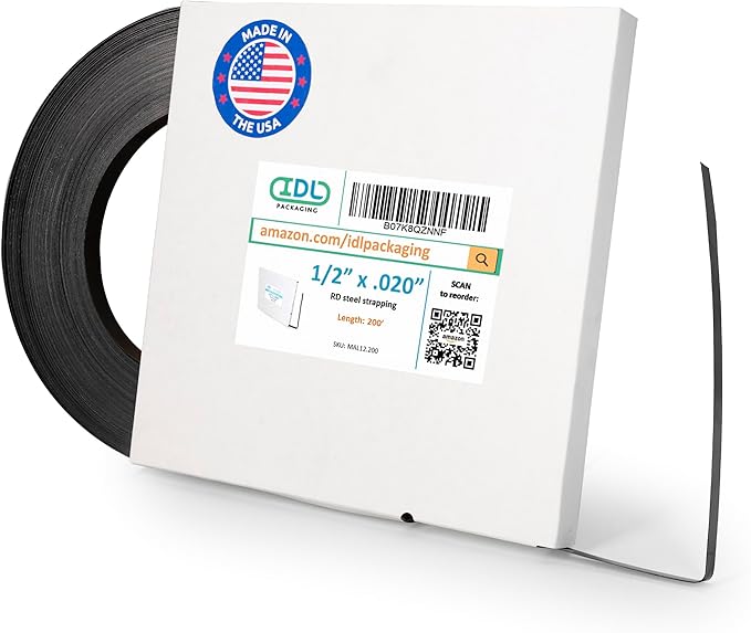 IDL Packaging 1/2" x .020" x 200' Steel Strapping Coil (1100 Lbs Break Strength) in Self-Dispensed Сardboard Box - Portable Strong Banding with Superior Cut-Resistance - Heavy Pallet Strapping