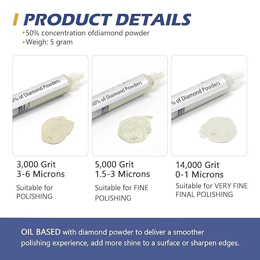 SCOTTCHEN 3Pcs Diamond Polishing Paste, 3,000/5,000/1,4000 Grit, 3-6/2-3/0-1 Microns Lapping Compound with 50% Concentration of Diamond Powders for Jewelry, Metal, Ring, Glass, Coin, 5 Gram Each