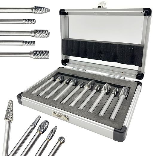 10Pcs Carbide Burr Set for Die Grinder Bits,1/4" Shank Double Cut Rotary Tool Bits | Metal, Wood, Plastic Working | Grinding, Engraving, Milling, Polishing | Durable Tungsten Carbide