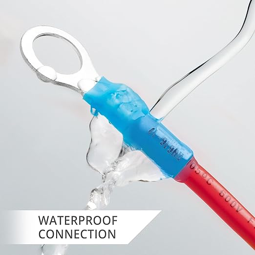 Wirefy 130 PCS Heat Shrink Ring Terminals 1/4" - a Resistant Ring Connectors - Eyelet Wire Connectors - Blue 16-14 AWG